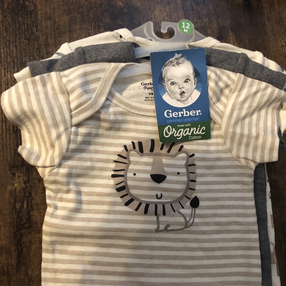 Gerber Baby Boy Bodysuits 3 Piece Set Size 12 Months Organic Cotton Animal Print - Picture 2 of 6